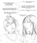 anthro breasts choker clothed clothing dialogue duo female human_only jewelry markings mole_(marking) necklace not_furry text arania the_cabin_in_the_woods_(arania) eveleen_(tcitw) suki_(tcitw) human mammal 2023 english_text hi_res monochrome