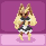 1:1 2022 ambiguous_gender anthro brown_body brown_fur clothed clothing digital_drawing_(artwork) digital_media_(artwork) dipstick_legs dipstick_limbs dress frilly frilly_clothing fur generation_4_pokemon lagomorph lopunny low_res maid_apron maid_uniform mammal nintendo pink_background pixel_(artwork) pokemon pokemon_(species) psychpsyo signature simple_background solo standing text uniform