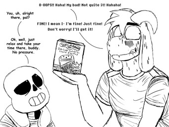 anthro blush bodily_fluids bone box container dialogue duo embarrassed eyebrows horn male nervous nervous_sweat raised_eyebrow skeleton sweat text komododad deltarune undertale undertale_(series) asriel_dreemurr sans_(undertale) animated_skeleton boss_monster_(undertale) bovid caprine goat humanoid mammal undead 2025 4:3 black_and_white comic english_text hi_res monochrome