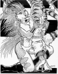 1995 anthro armor big_breasts boots bound bracers breasts chaps clothing dominant dominant_female duo felid female footwear greyscale humanoid_pointy_ears knee_boots knee_highs legwear male mammal monochrome oscar_marcus pantherine porcupine rodent rope submissive submissive_male tail tiger undressing