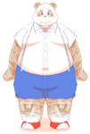 anthro black_body black_fur black_nose blush bottomwear bow_tie clothing fur kemono male overweight overweight_anthro overweight_male shirt shorts simple_background solo suspenders topwear white_background white_body white_fur armadirou bear giant_panda mammal 2020