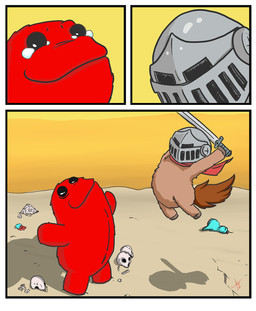 ambiguous_feral ambiguous_gender anthro armor beady_eyes blood bodily_fluids bone brown_body brown_fur brown_hooves brown_tail cloak clothing corpse crying duo featureless_crotch featureless_feet featureless_hands feet feral fur gore headgear helmet holding_melee_weapon holding_object holding_sword holding_weapon hooves imminent_death melee_weapon monotone_body monotone_fur obscured_face orange_sky red_body red_cloak red_clothing red_fur sand severed_body_part severed_leg severed_limb skull sky smile spread_arms sword tail tears weapon young young_ambiguous young_anthro wetfluff fluffy_pony quesada fluffy_pony_(species) jellenheimer mammal cel_shading comic digital_media_(artwork) hi_res shaded