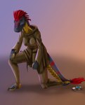 black_body bowing clothing eyes_closed feathers female hair kneeling legwear markings red_hair red_markings robe scales tail thigh_highs yellow_body yellow_scales drqube dinosaur dromaeosaurid feathered_dinosaur feathered_scalie prehistoric_species reptile scalie theropod hi_res