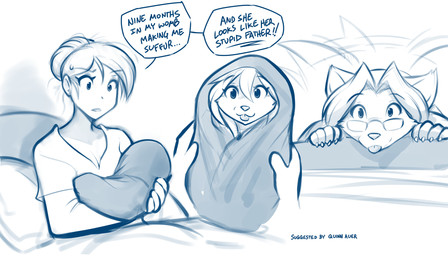 5_fingers aged_down anthro bed biped blep breasts claws cleavage clothed clothed_anthro clothed_female clothed_human clothed_humanoid clothed_male clothing eyewear female fingers front_view furniture glasses group hair holding_baby humor inside linked_speech_bubble lying male neonate on_bed simple_background smile speech_bubble tail tail_motion tailwag text three-quarter_view tongue tongue_out trio under_covers white_background young young_anthro conditional_dnp tom_fischbach nine_months_in_my_womb_making_me_suffer twokinds euchre mary_silverlock raine_silverlock canid canine canis human humanoid keidran mammal wolf 2025 7:4 blue_and_white blue_theme digital_drawing_(artwork) digital_media_(artwork) english_text handwritten_text hi_res meme monochrome shaded sketch soft_shading daughter_(lore) father_(lore) father_and_child_(lore) father_and_daughter_(lore) mother_(lore) mother_and_child_(lore) mother_and_daughter_(lore) mother_and_father_(lore) parent_(lore) parent_and_child_(lore) parent_and_daughter_(lore)