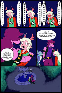 anthro dialogue female group speech_bubble text trio arcatech deltarune undertale_(series) krampus_(arcatech) susie_(deltarune) synthesis_(arcatech) deer domestic_cat felid feline felis lizard mammal reptile scalie 2:3 comic english_text hi_res