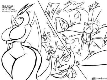 ahegao anthro anus balls big_breasts big_penis bodily_fluids breasts cum duo female feral genital_fluids genitals huge_penis looking_pleasured male male/female penis size_difference text thick_thighs vaginal vaginal_fluids vulva x_anus elpokebarto nintendo pokemon the_simpsons bart_simpson charizard charmander generation_1_pokemon humanoid pokemon_(species) hi_res monochrome spanish_text tagme