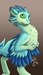 4_ears anthro blue_body blue_feathers countershading dewclaw digitigrade feathered_crest feathered_wings feathers female green_body green_eyes head_crest multi_ear solo standing winged_arms wings gyrotech scruffasus luvashi avali avian absurd_res hi_res