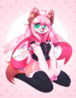 anthro black_clothing black_legwear black_topwear bottomwear cheek_tuft clothed clothing facial_tuft fangs feathered_wings feathers female fur glistening glistening_eyes green_eyes hair kneeling legwear long_hair looking_at_viewer open_mouth open_smile pattern_background pink_bottomwear pink_clothing pink_hair pink_skirt pink_wings simple_background skirt smile solo teeth topwear tuft white_body white_fur wings bloominglynx felid mammal 2024 absurd_res hi_res