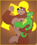 abs anthro anthro_on_anthro arm_around_shoulders balls big_muscles big_penis border brown_background brown_body brown_fur carrying_another duo erection foreskin fur genitals green_body green_scales humanoid_genitalia humanoid_penis interspecies looking_at_another looking_at_genitalia looking_at_penis male male/male muscular muscular_anthro muscular_male nude pecs penis penis_size_difference scales simple_background size_difference standing thick_penis thick_thighs tuft vein yellow_border gs banjo-kazooie playtonic_games rareware yooka-laylee banjo_(banjo-kazooie) yooka bear chameleon lizard mammal reptile scalie 2019 crossover digital_media_(artwork) signature