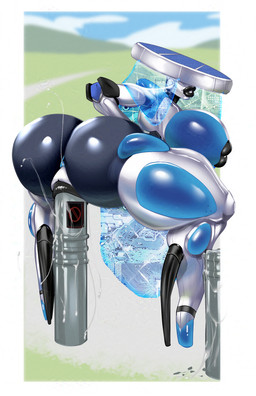 anus big_breasts big_butt black_lips black_vulva blue_anus blue_body bodily_fluids bollard breasts butt crouching female genital_fluids genitals glistening glistening_breasts glistening_butt huge_breasts huge_butt huge_lips improvised_dildo improvised_sex_toy lips machine nipple_mouth not_furry object_in_vagina rear_view solar_panel solo thick_lips thick_thighs vaginal_fluids veil vulva white_body hottsriracha solarbot_(sassinthedark) humanoid robot hi_res