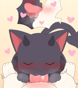 ambiguous_focus ambiguous_gender black_body black_fur blush bodily_fluids breath cum cum_in_mouth cum_inside duo erection fellatio feral fur genital_fluids genitals heart_symbol horn interspecies male male/ambiguous membrane_(anatomy) membranous_wings neck_tuft oral penile penis red_eyes saliva sex shaking solo_focus spade_tail spread_legs spreading sweat tail tongue trembling tuft white_body white_fur wings yellow_eyes leafeon0927 angel bovid caprine demon felid feline mammal succubus absurd_res hi_res