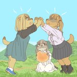 angry anthro biscuit_(food) bottomwear bread clothing dress eating female fight fighting_over_food food grass group kemono plant pleated_skirt skirt trio ekaki510 ground_squirrel mammal marmot rodent sciurid 1:1