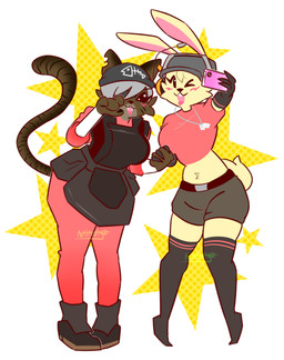 anthro duo fan_designs female female/female hand_holding lucky_the_bun selfie_pose simple_background tongue tongue_out natnutyz usernamecipher_(modeler) team_fortress_2 valve demoman_(team_fortress_2) fan_character lucy_(usernamecipher) mimi_the_kitty scout_(team_fortress_2) domestic_cat felid feline felis lagomorph mammal tabby_cat absurd_res hi_res