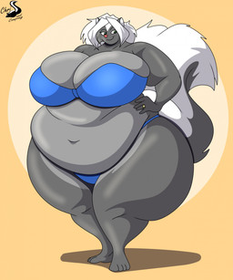 anthro bikini breasts clothing digit_ring female finger_ring green_eyes grey_body jewelry obese overweight smile solo swimwear thick_thighs two-piece_swimsuit chrisandcompany kelsey_sienna mammal mephitid skunk hi_res