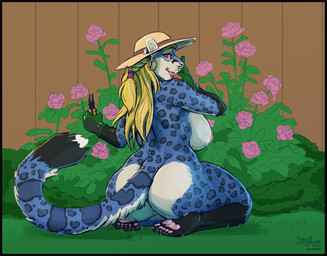 anthro areola barefoot barely_visible_genitalia barely_visible_vulva big_breasts big_butt black_border blonde_hair blue_body blue_fur border breasts butt clothing detailed_background ear_piercing ear_ring feet female flower fur genitals gloves hair handwear hat hat_only headgear headgear_only headwear headwear_only kneeling looking_back mature_anthro mature_female mostly_nude nipples pawpads paws piercing pink_pawpads plant rear_view ring_piercing rose_(flower) solo sun_hat vulva mainlinemojo tiffany_valentine felid leopard mammal pantherine 2020 absurd_res hi_res