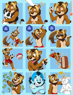 anthro axe black_body black_fur black_nose black_pawpads blonde_hair blue_background blue_body blue_fur blue_hair bottomwear brown_body brown_fur brown_hair cheek_tuft chest_tuft closed_smile clothed clothing disgust duo eyes_closed facial_tuft front_view fur gesture green_eyes hair hammer hand_gesture headpat holding_axe holding_hammer holding_object holding_tool hug male money mouth_closed multicolored_hair ok_sign open_mouth open_smile pawpads pokeball red_bottomwear red_clothing red_shorts shaking shivering shorts simple_background size_difference smile solo tan_body tan_fur tongue tongue_out tools topless tuft two_tone_hair white_body white_fur young young_anthro young_male pandapaco nintendo pokemon parinton bear felid giant_panda lion mammal pantherine hi_res multiple_images