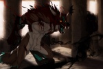 amber_eyes animal_genitalia anthro balls blood bodily_fluids detailed_background duo fangs fully_sheathed genitals glowing glowing_eyes horn male open_mouth roaring scratches sheath smoke tail teeth piranhapettingzoo dragonorca canid canine canis demon mammal wolf