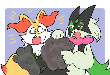 3_toes anthro feet fur green_body green_fur laugh open_mouth soles tickling tickling_feet toes compysteps nintendo pokemon braixen canid canine domestic_cat felid feline felis fox generation_6_pokemon generation_9_pokemon mammal meowscarada pokemon_(species) hi_res