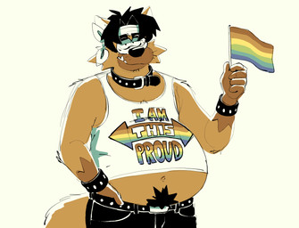anthro belly big_belly black_hair black_nose body_hair brown_body brown_fur clothed clothing collar flag flag_(object) fur hair hand_in_pants happy_trail holding_flag holding_object humanoid_hands kerchief lgbt_pride looking_at_viewer male navel overweight overweight_male pride_colors rainbow_flag rainbow_pride_colors rainbow_pride_flag rainbow_symbol raised_clothing raised_shirt raised_tank_top raised_topwear shirt smile smiling_at_viewer smirk smirking_at_viewer solo tank_top text text_on_clothing text_on_shirt text_on_topwear topwear wearing_collar ty_pesh tyberius_peshlakai 2025 digital_drawing_(artwork) digital_media_(artwork)