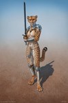 2021 2:3 4_toes 5_fingers anthro armor black_markings breasts cheetah conditional_dnp day detailed_background digital_media_(artwork) digitigrade ear_piercing ear_ring eyebrow_piercing eyebrow_ring facial_piercing featureless_breasts feet felid feline female fingers fur hi_res holding_melee_weapon holding_object holding_sword holding_weapon mammal markings melee_weapon nose_piercing orange_body orange_eyes orange_fur outside piercing ring_piercing septum_piercing solo spots spotted_body spotted_fur spotted_markings sword tan_body tan_fur text titusw toes url weapon