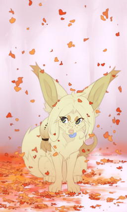 ahoge big_ears blonde_hair blue_tongue eyelashes fallen_leaves female feral feral_with_hair freckled_face freckles front_view fur green_eyes hair leaf licking licking_lips long_ears long_hair looking_away nude sitting small_snout solo tail tan_nose tongue tongue_out yellow_body yellow_fur azzai canid canine fennec_fox fox mammal true_fox 2019 colored digital_drawing_(artwork) digital_media_(artwork) flat_colors