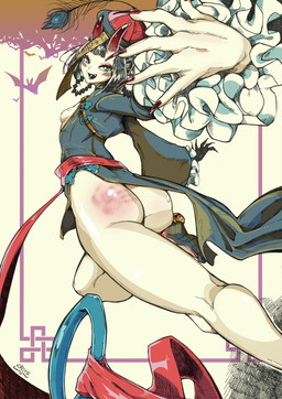 big_butt black_hair blue_clothing bottom_heavy braided_hair breasts butt clothing colored_nails exposed_breasts eyelashes eyeshadow female green_eyes hair horn jiangshi_costume long_nails looking_at_viewer looking_back looking_back_at_viewer makeup nails nipples open_mouth open_smile rear_view red_eyeshadow red_horn red_nails small_breasts smile solo spank_marks thick_thighs wide_hips crois asian_mythology east_asian_mythology fate_(series) japanese_mythology mythology type-moon assassin_shuten-douji demon horned_humanoid humanoid oni yokai hi_res