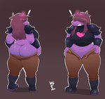 angry anthro armor ass_too_fat big_breasts big_butt boots bottomwear breasts brown_background brown_hair butt butt_cleavage clothing curvy_figure dressing female footwear front_and_back hair hair_over_eyes huge_breasts multiple_angles pants pulling_up_pants purple_body purple_scales scales shoes short_tail simple_background slightly_chubby solo tail teeth thick_thighs topwear undersized_clothing voluptuous wide_hips vilf deltarune undertale_(series) susie_(deltarune) reptile scalie hi_res