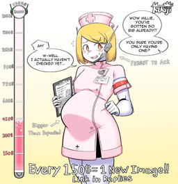 blush bodily_fluids breasts clipboard clothing donation_drive female machine not_furry nurse nurse_clothing pregnant sweat text tsukiji millie_(tsukiji) android humanoid robot english_text hi_res