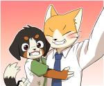 age_difference anthro blush clothed clothing currency_symbol dollar_sign duo eye_contact eyes_closed fully_clothed gradient_background hand_on_back happy head_tuft hug kemono looking_at_another looking_at_viewer male older_male simple_background smile symbol tuft yen_sign young young_anthro younger_male manmosu_marimo manizu salary_cat_(marimo) bernese_mountain_dog canid canine canis domestic_cat domestic_dog felid feline felis mammal molosser mountain_dog swiss_mountain_dog 2017 digital_media_(artwork)