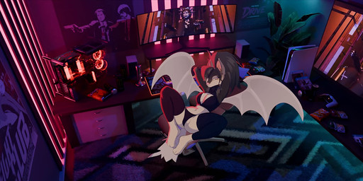 anthro bat_wings beverage blue_light breasts brown_body brown_fur brown_hair chips_(food) computer computer_keyboard electronics energy_drink female food fur furniture gaming_chair hair membrane_(anatomy) membranous_wings monitor orange_eyes paws pink_nose plant poster_(object) potato_chips ps5_console ps5_controller red_light rug solo table tan_body tan_fur television wings pendazella eyes 2d_animation animated no_sound short_playtime video