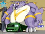 anthro bump car carpark crush crushed_vehicle heavy male motor_vehicle obese overweight sitting sitting_on_car sitting_on_vehicle solo tail text vehicle sr71beta bandai_namco digimon ram_trucks dragoneer_(character) bovid caprine mammal 2018 hi_res url