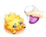 ambiguous_gender blue_body blue_eyes blue_sclera blush bodily_fluids disembodied_hand duo fur holding_object holding_potion looking_up potion potion_(pokemon) shaking simple_background solo_focus sweat tears trembling white_background yellow_body yellow_fur kinakomochi nintendo pokemon generation_5_pokemon human joltik mammal pokemon_(species) 5:4