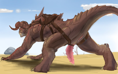 animal_genitalia animal_penis anthro anus aroused bandage claws dripping genitals horn male penis plant sky solo tail tailbutt teeth tree hecreat bethesda_game_studios fallout microsoft deathclaw reptile scalie absurd_res hi_res tagme