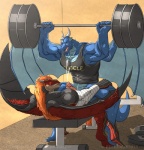 abs anal anal_penetration anthro balls bandage barbell bench biceps big_muscles big_penis blue_body blue_skin blush bodily_fluids bottomless briefs claws clothed clothing cowgirl_position cum cum_while_penetrated cumshot duo ejaculation erection exercise eyes_closed fangs feathered_wings feathers from_front_position genital_fluids genitals grey_body grey_skin grin gym hair hands-free holding_object horn huge_muscles inside leg_grab lying male male/male male_on_bottom male_on_top male_penetrated male_penetrating male_penetrating_male membrane_(anatomy) membranous_wings muscular muscular_male nude on_back on_bench on_bottom on_top open_mouth orange_hair orgasm pecs penetration penile_spines penis purple_eyes red_body red_skin scales sex sexercise shirt sitting smile spread_legs spreading straddling sweat tail tank_top teeth toe_claws tongue topwear training underwear weight_bench weightlifting weights white_horn wings workout reclamon european_mythology mythology dragonator sulfer dragon lizard mythological_creature mythological_scalie reptile scalie western_dragon 2013 hi_res watermark