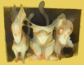 ambiguous_gender black_eyes brown_body brown_fur conjoined empty_eyes feral front_view fur group long_face multicolored_body multicolored_fur quadruped sitting slime smile tail tan_body tan_ears tan_fur tan_sclera tan_tail text trio two_tone_body two_tone_fur sony-shock mewgenics domestic_cat felid feline felis mammal 2023 artist_name digital_media_(artwork) hi_res