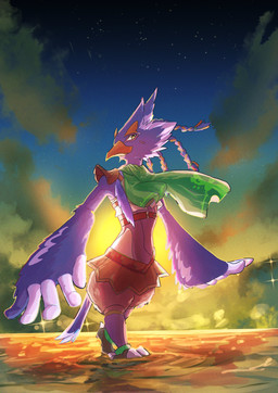 anthro blue_body blue_feathers bottomless braided_hair clothed clothing feathers feet green_eyes hair leather leather_clothing male scarf solo sunset talons toes water chikichikitaron breath_of_the_wild nintendo the_legend_of_zelda revali avian rito hi_res