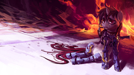 alternate_universe black_hair cybernetic_attachment cybernetic_eye cybernetic_leg cybernetic_limb cybernetics female feral fire fur hair hooves horn machine melee_weapon multicolored_hair open_mouth red_eyes red_hair solo sword teeth two_tone_hair weapon white_body white_fur makkon fallout fallout_equestria foe:_project_horizons friendship_is_magic hasbro microsoft my_little_pony mythology blackjack_(fallout_equestria) fan_character cyborg equid equine horse mammal mythological_creature mythological_equine pony unicorn 16:9 crossover hi_res widescreen