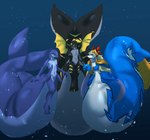 ambiguous_gender annoyed anthro big_tail black_body blonde_hair blowhole blue_body blue_eyes bubble claws dorsal_fin fin floating gills green_eyes grey_body group hair horn huge_tail hyper hyper_tail long_tail looking_at_viewer markings navel orb red_horn split_form tail tail_fin thick_tail trio white_body wings yellow_claws yellow_eyes yellow_horn yellow_markings yellow_wings crane6407 bandai_namco mythology tales_of_(series) tales_of_rebirth meruka shaorune yvelkram_(character) canid canine cetacean dolphin dragon fish hybrid mammal marine merfolk mythological_creature mythological_scalie onyx_dragon_(maplestory) scalie shark toothed_whale absurd_res digital_media_(artwork) hi_res male_(lore)