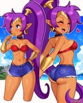 blue_eyes blush breasts brown_body brown_skin butt cleavage clothed clothing cloud day ear_piercing ear_ring female food hair humanoid_pointy_ears long_hair navel not_furry open_mouth open_smile piercing pointy_ears ponytail popsicle purple_hair ring_piercing smile solo sarukaiwolf shantae_(series) wayforward shantae genie humanoid 2024 absurd_res hi_res signature