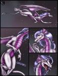 2004 anthro blue_hair claws comic dragon english_text female flying hair long_hair markie membrane_(anatomy) membranous_wings mythological_creature mythological_scalie mythology night nude open_mouth pupils purple_body purple_scales red_eyes scales scalie slit_pupils solo star tail text toe_claws tongue wings
