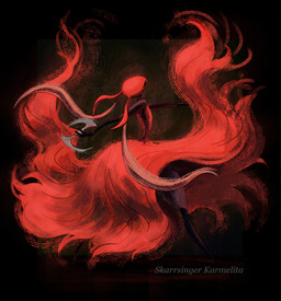 anthro biped clothing female holding_object holding_weapon name_drop red_body red_clothing solo standing text weapon boopie hollow_knight:_silksong hollow_knight_(franchise) team_cherry skarrsinger_karmelita ant arthropod hymenopteran insect skarr 2026 absurd_res english_text hi_res