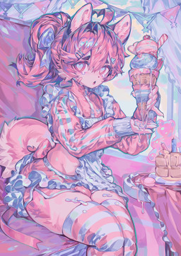 anthro bodily_fluids bow_(feature) bulge clothing countershading dessert food fur furniture hair heart_eyes heart_symbol ice_cream ice_cream_cone kemono legwear looking_at_viewer maid_uniform male midriff open_mouth pancake pink_body pink_clothing pink_fur pink_hair pink_tail ponytail simple_background sitting solo table tail tears thigh_highs topwear uniform magic_dream00 2025 colored digital_media_(artwork) hi_res portrait shaded three-quarter_portrait