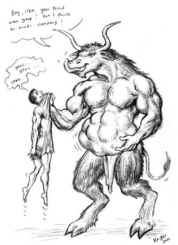 abdominal_bulge after_vore anthro belly big_belly bottomwear clothing dialogue hooves horn imminent_vore loincloth male muscular muscular_arms muscular_male pecs size_difference tail text threatening_vore tongue tongue_out vore ka-atis european_mythology greek_mythology mythology bovid bovine cattle human mammal minotaur 2012 monochrome