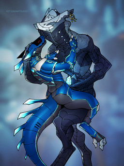 3_fingers 3_toes anthro black_body blue_body blue_penis cuddling duo feet fingers genitals glowing glowing_markings holding_head looking_at_another looking_at_partner machine male markings metallic_body penis red_eyes synthetic_penis tail taller_partner text thick_tail toes ket-dawnatsunset rahhar ryker_the_synth robot robot_anthro synth_(vader-san) 2025 artist_name digital_drawing_(artwork) digital_media_(artwork) full-length_portrait hi_res portrait