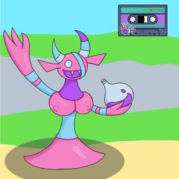 anthro breasts clothing female gesture horn melting pink_body potion potion_bottle solo tight_clothing waving chaoskres cassette_beasts goo_creature malchemy 1:1