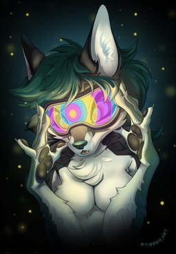 abstract_background anthro claws empty_eyes eyewear female finger_claws goggles green_hair hair hypnosis hypnotic_eyes hypnotic_visor mask mind_control open_mouth pawpads solo spiral spiral_eyes wearing_mask stirren hi_res portrait