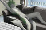 animal_genitalia anthro balls casual_nudity eyes_closed fully_sheathed fur furniture genitals green_body green_fur happy inside lying male nude on_back on_sofa paws relaxing sheath slim small_waist smile sofa solo stretching tail white_body white_fur djano pin_(pinpineapplepin) sergal signature