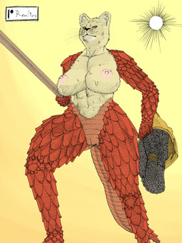 abs anthro areola armor big_breasts biped bodily_fluids breasts chainmail female genitals headgear helmet huge_breasts innie_vulva melee_weapon nipples nude polearm solo spear sun sweat thick_thighs vulva weapon realius apedemak_(mythology) felid hybrid lion mammal pantherine reptile scalie snake absurd_res hi_res