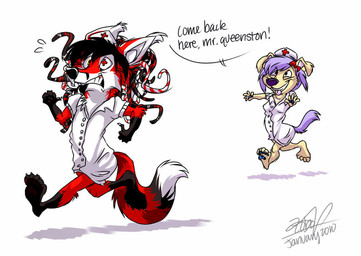accessory beard black_hair breasts chasing clothed clothing cross duo ear_tuft facial_hair female fleeing floppy_ears fur hair hair_accessory hair_ribbon handwear headgear headwear long_tail male nurse open_mouth pawpads pseudo_hair purple_hair purple_tail red_body red_fur red_tail ribbons running simple_background smile tail teeth tentacle_hair tentacles text toony topwear tuft white_body white_clothing white_fur yellow_body yellow_fur zippideezobee lapfox_trax renard_queenston zobe canid canine canis domestic_dog fox mammal english_text shaded simple_shading