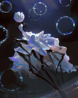 6_eyes ambiguous_gender black_body clothed clothing dress multi_eye multi_limb solo white_clothing white_dress somewhatirked hollow_knight:_silksong hollow_knight_(franchise) team_cherry first_sinner arachnid arthropod weaver_(hollow_knight) 2025 4:5 absurd_res hi_res painting_(artwork)